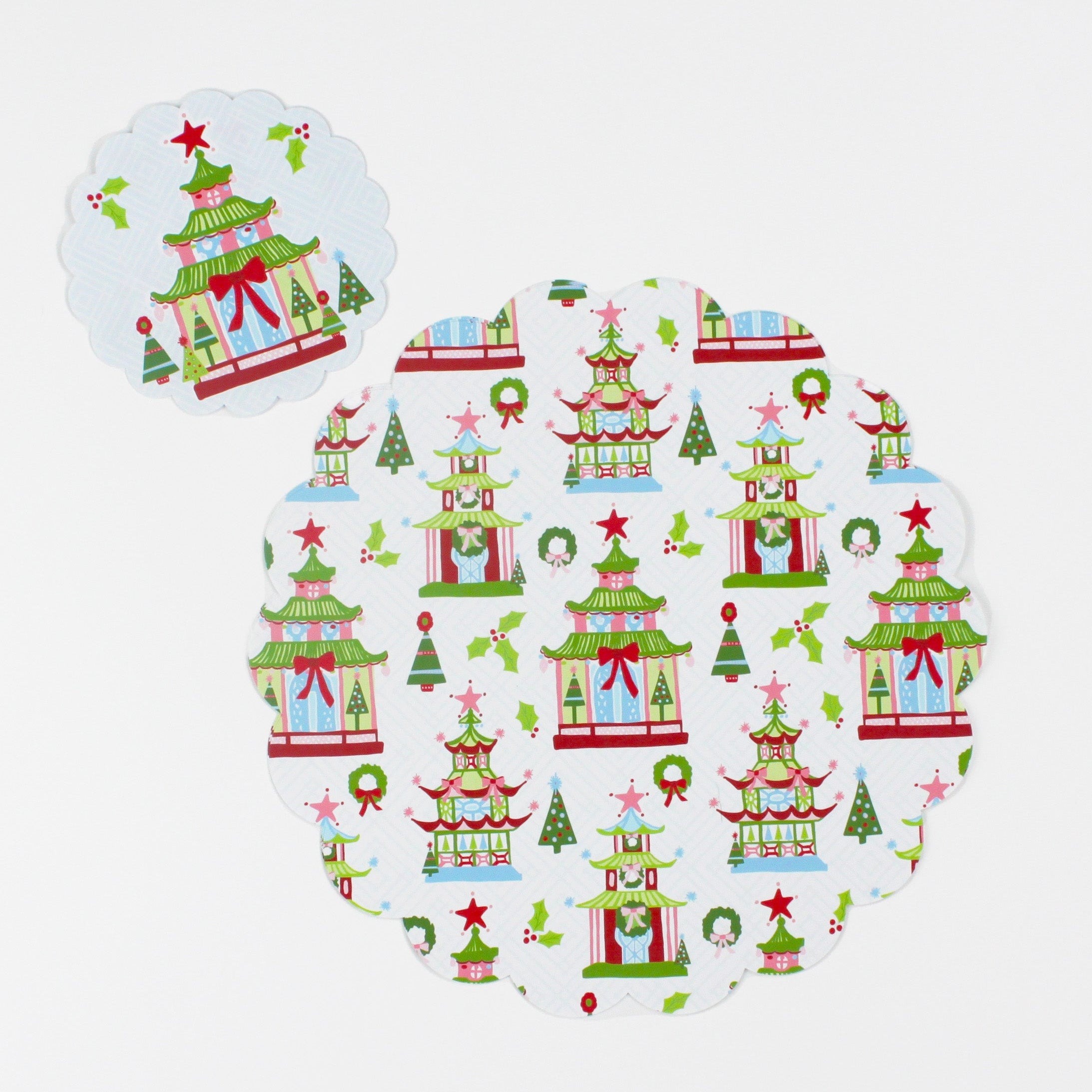A set of round Christmas doilies with a chinoiserie pagoda pattern from Madcap Cottage