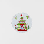 A small round Christmas doily with a chinoiserie pagoda pattern from Madcap Cottage