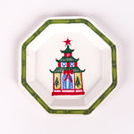 octagon-shaped tray with a green border and a painted Christmas pagoda design in the center