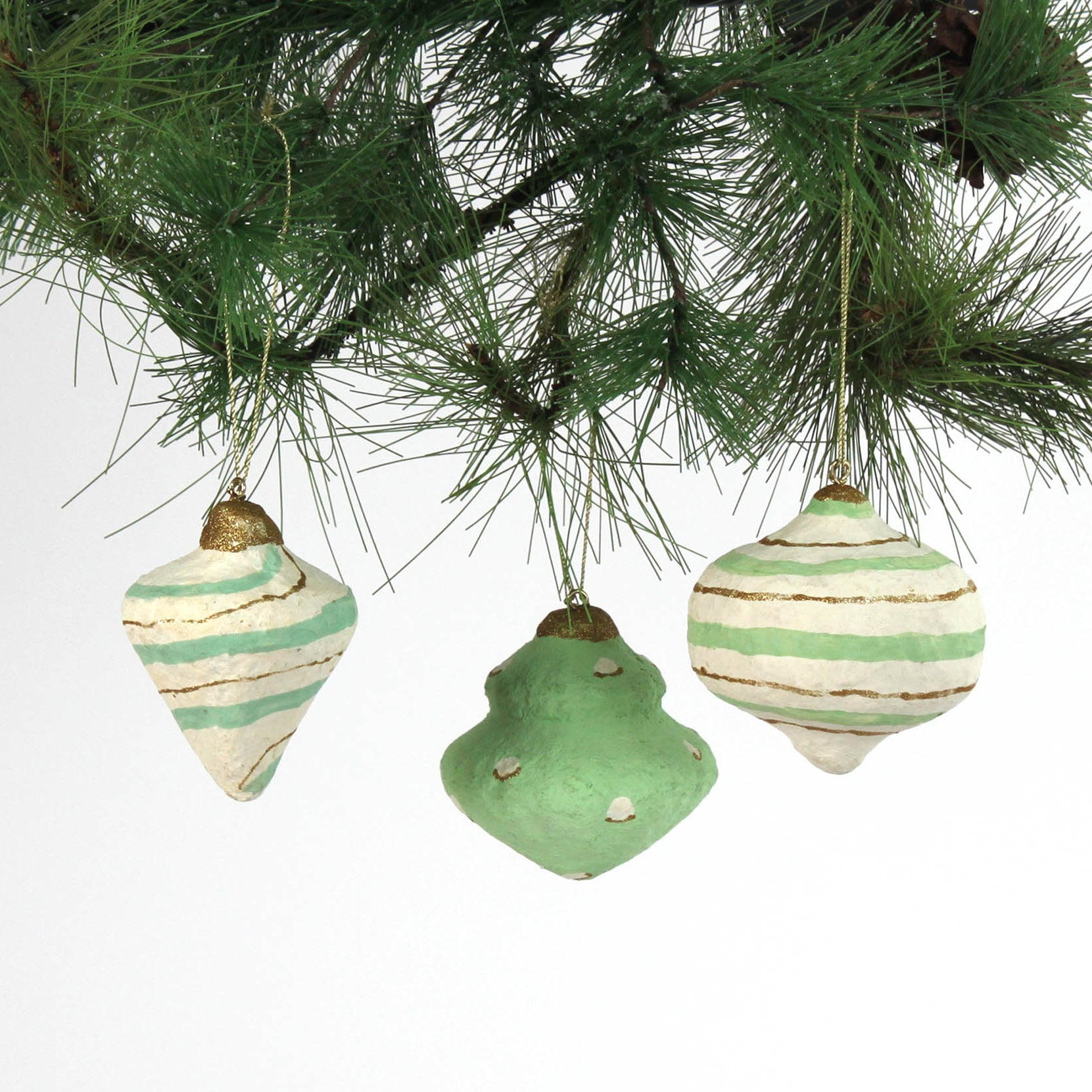 Handcrafted Painted Paper Mache Christmas Ornament Green with glitter details on pine.