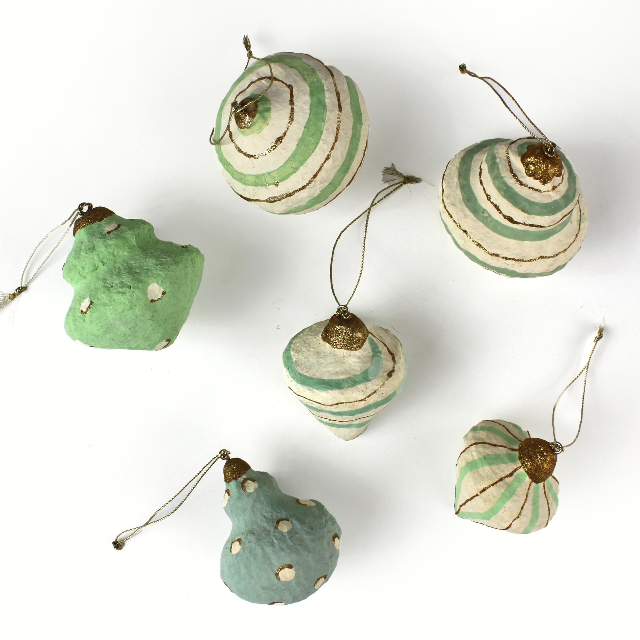 Set of six Painted Paper Mache Christmas Ornament Green designs with stripes and dots