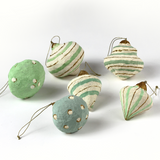 Artisan Painted Paper Mache Christmas Ornament Green in white and mint with gold trim.