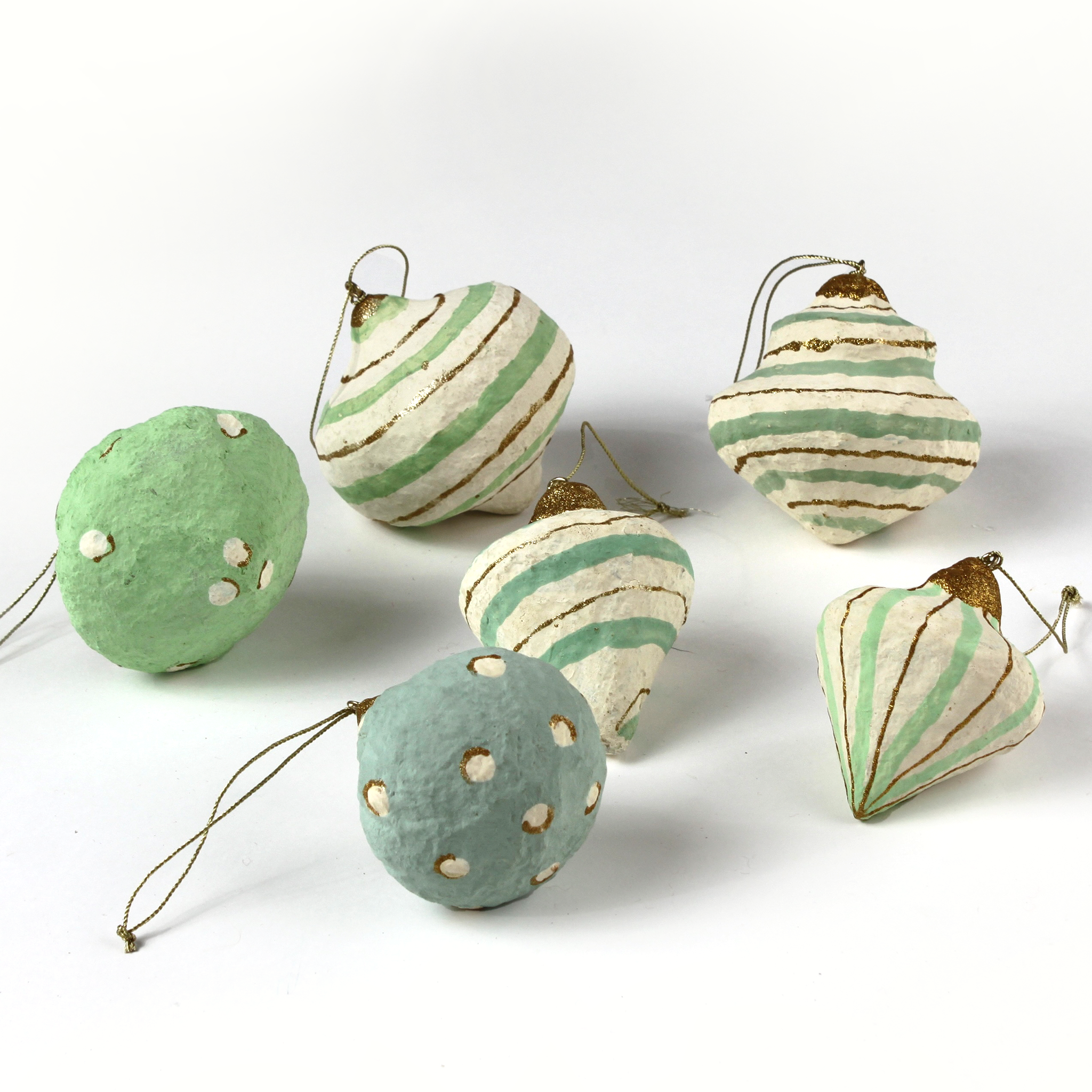Artisan Painted Paper Mache Christmas Ornament Green in white and mint with gold trim.
