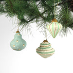 Painted Paper Mache Christmas Ornament Green with gold accents and mint finish.