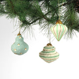 Painted Paper Mache Christmas Ornament Green with gold accents and mint finish.
