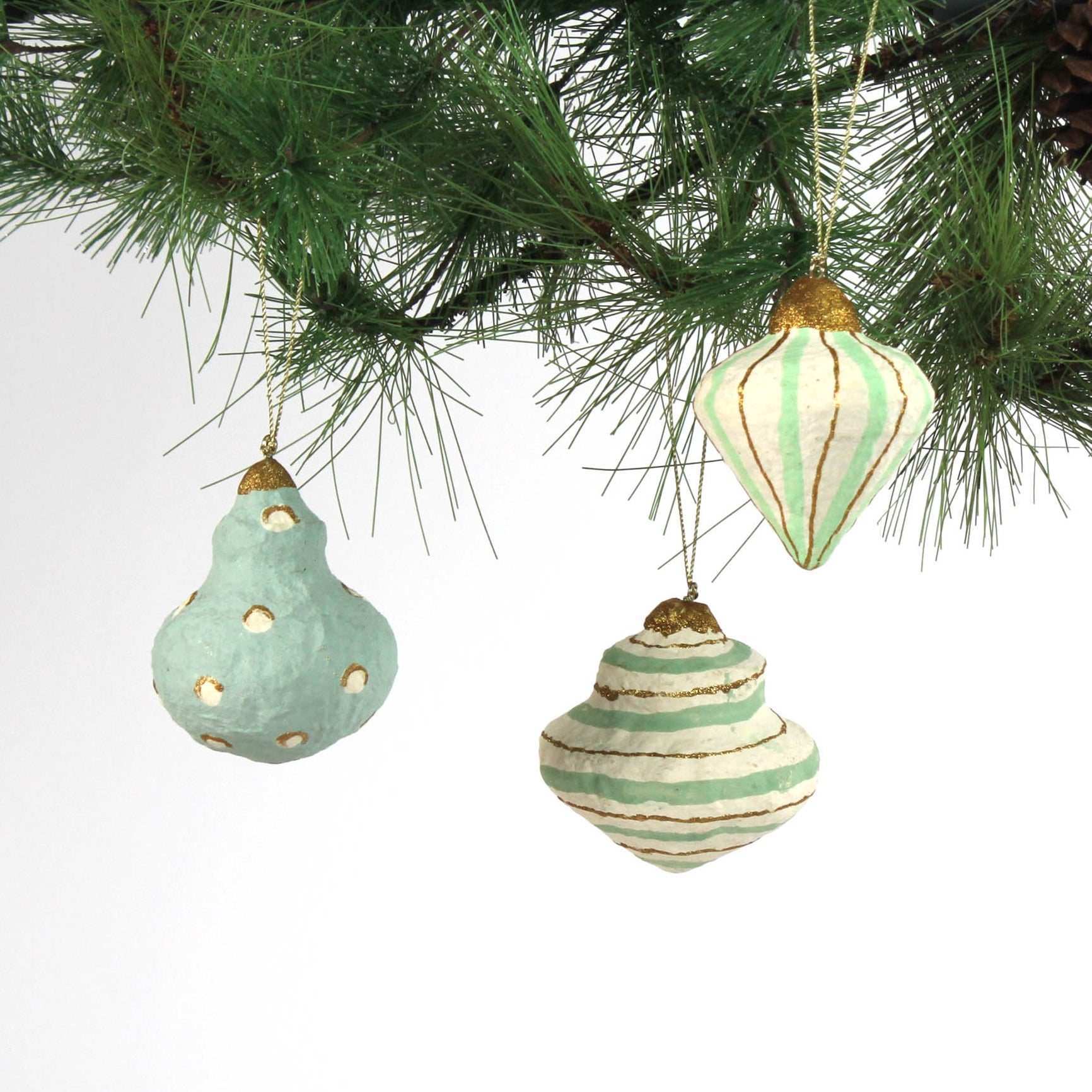 Painted Paper Mache Christmas Ornament Green with gold accents and mint finish.