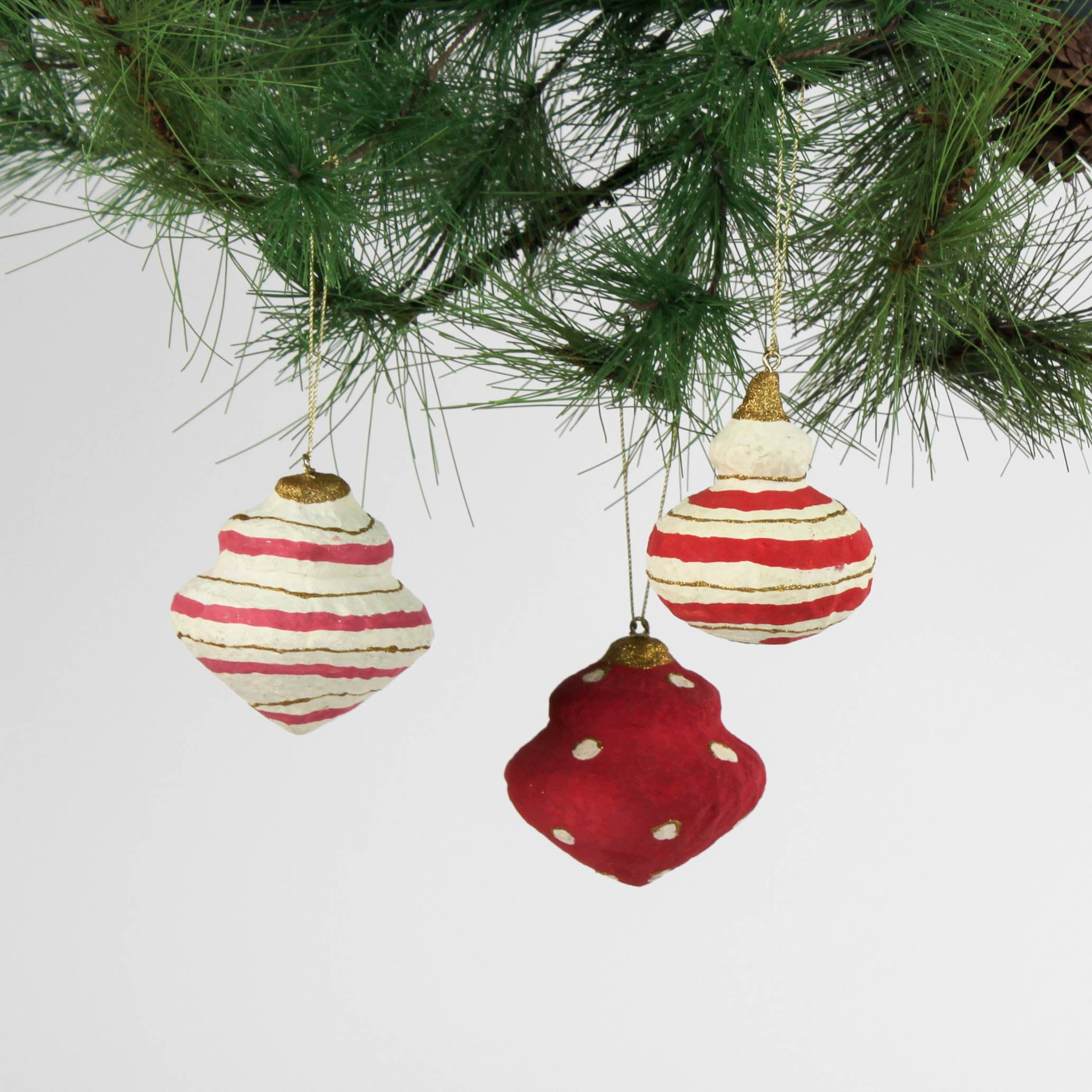 set of 3 red Painted Paper Mache crhistmas Ornament