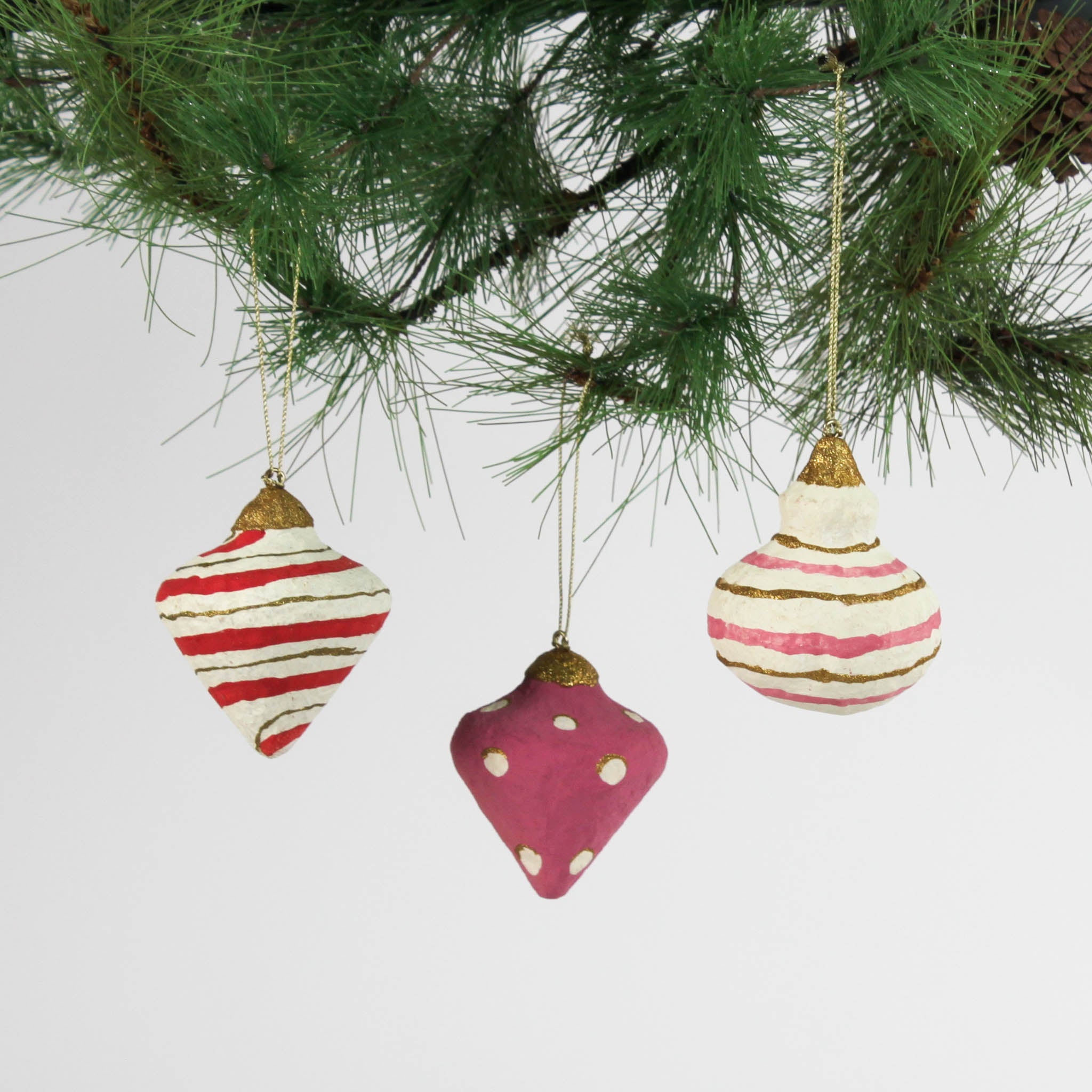 set of 3 red Painted Paper Mache crhistmas Ornament