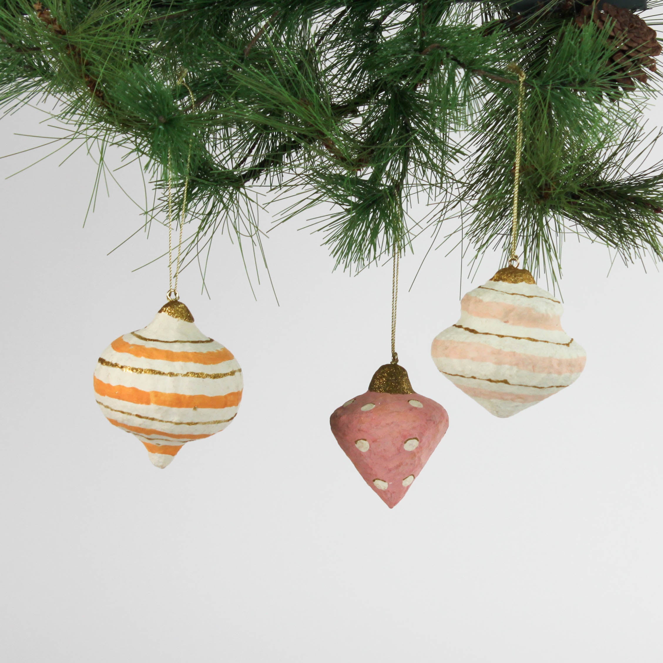 Set of 3 Yellow Hand painted Paper Maché christmas Ornament