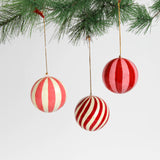 set of 3 red paper Mache Striped Christmas Ornaments