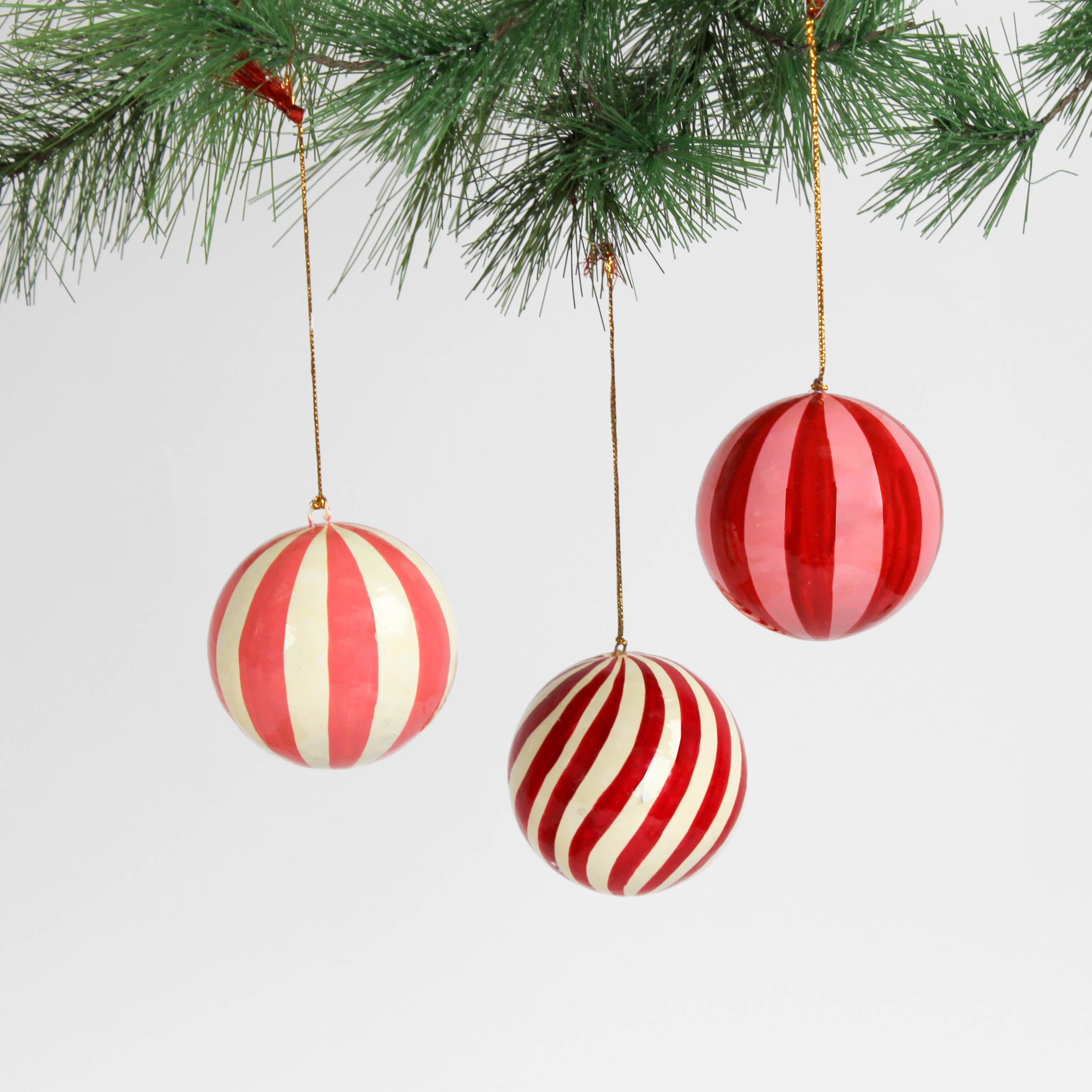 set of 3 red paper Mache Striped Christmas Ornaments
