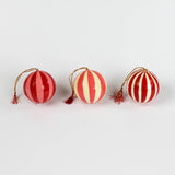 set of 3 red paper Mache Striped Christmas Ornaments