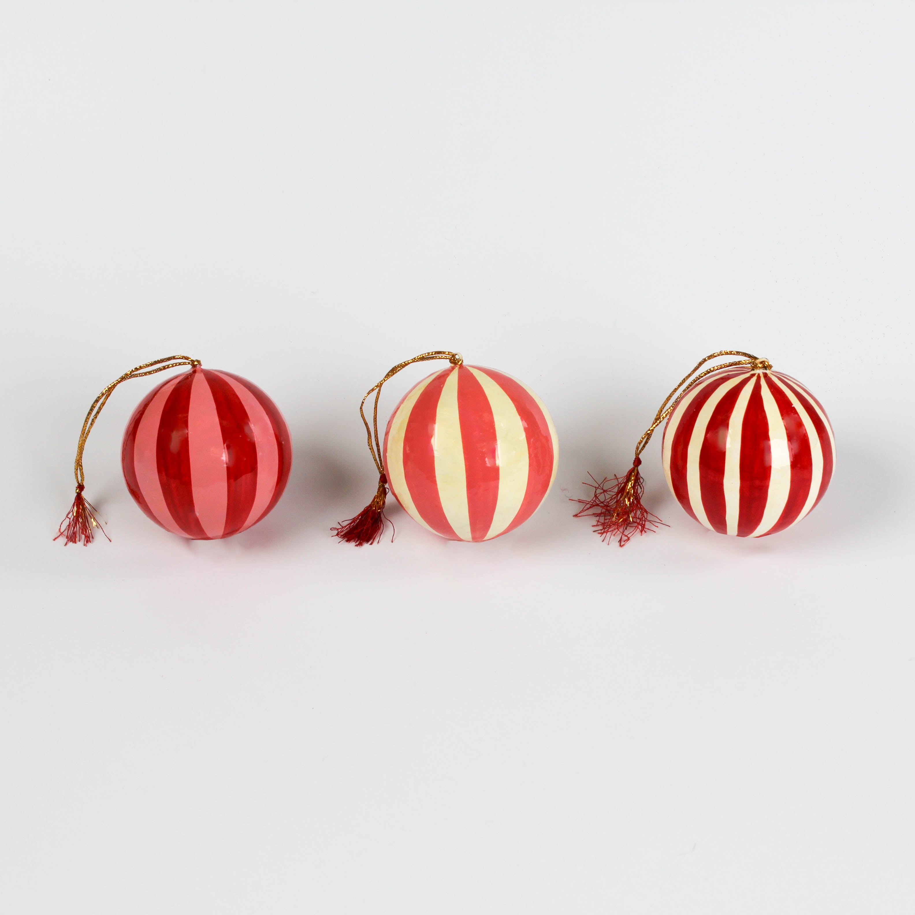 set of 3 red paper Mache Striped Christmas Ornaments
