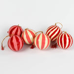 set of 6 red paper Mache Striped Christmas Ornaments