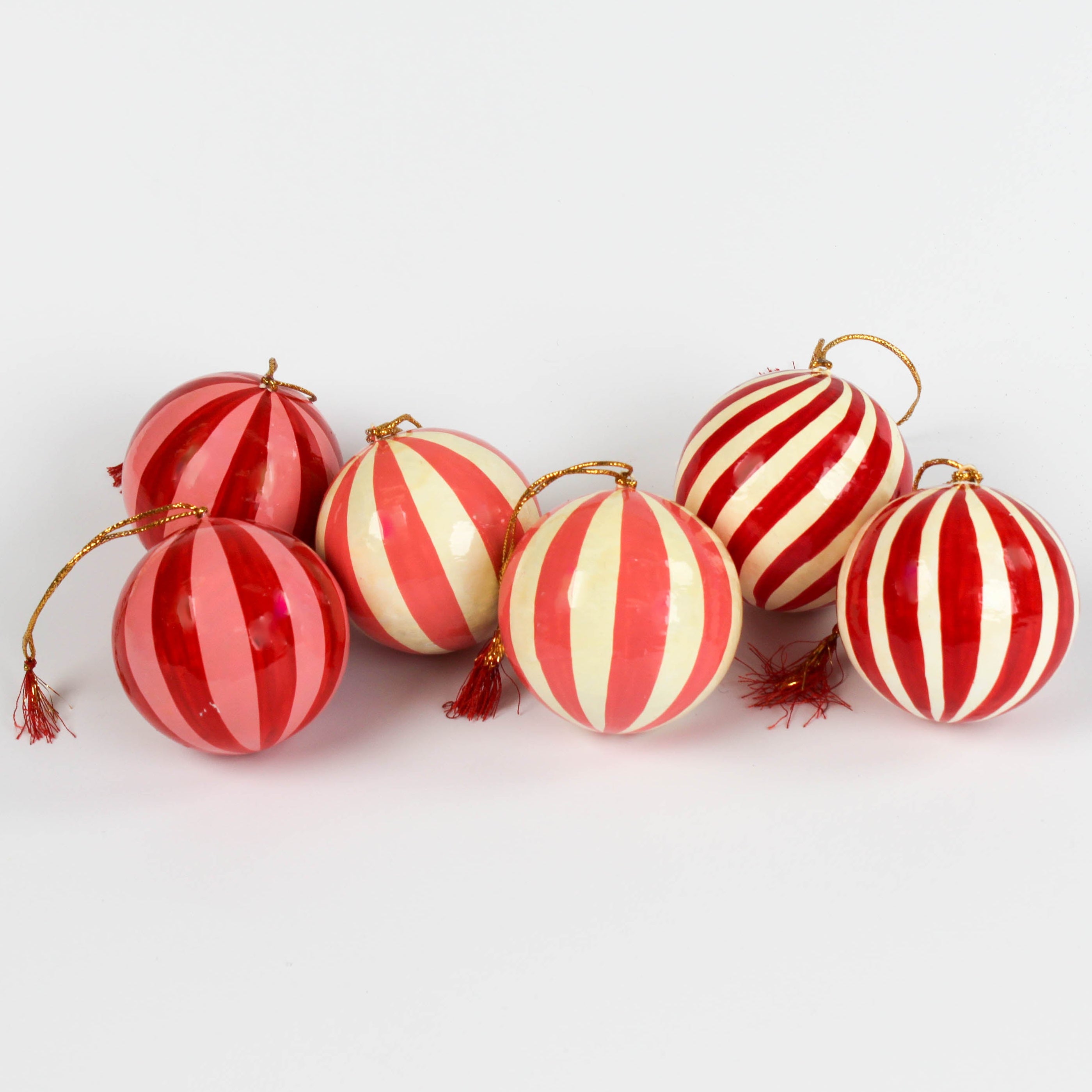 set of 6 red paper Mache Striped Christmas Ornaments
