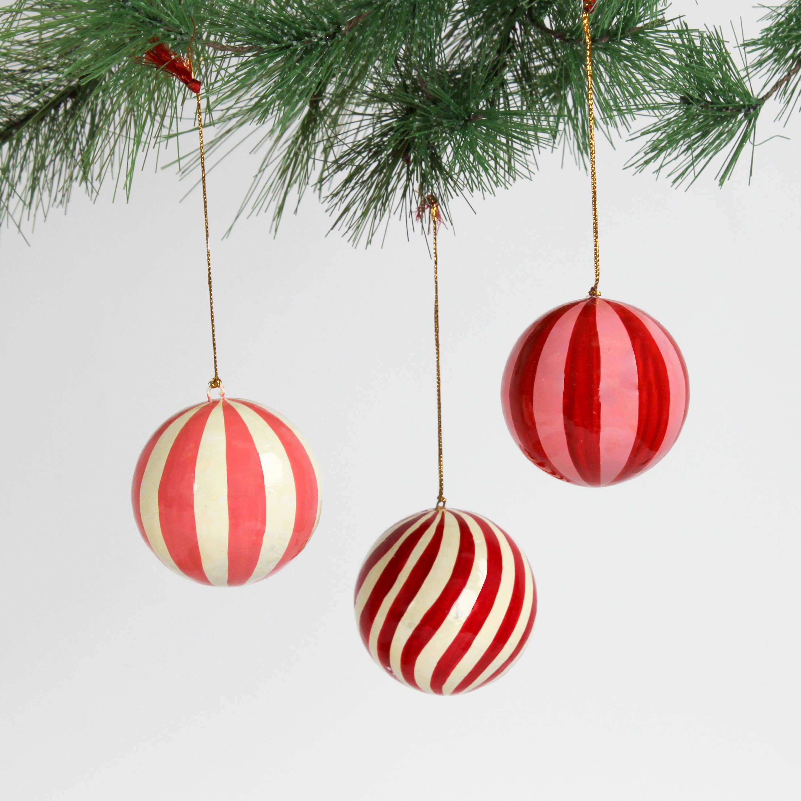 set of 3 red paper Mache Striped Christmas Ornaments