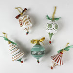 set of 6 red star Paper Mache Stripes and Bows Christmas Ornaments