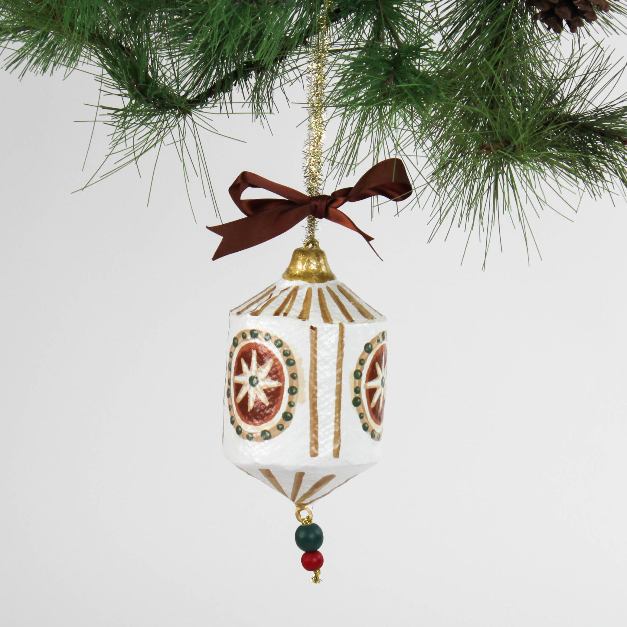 red star Paper Mache Stripes and Bows Christmas Ornaments