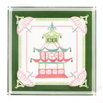 Parasols Pagoda square acrylic tray features a green border and central pagoda and parasols motif.