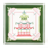 Parasols Pagoda square acrylic tray features a green border and central pagoda and parasols motif.