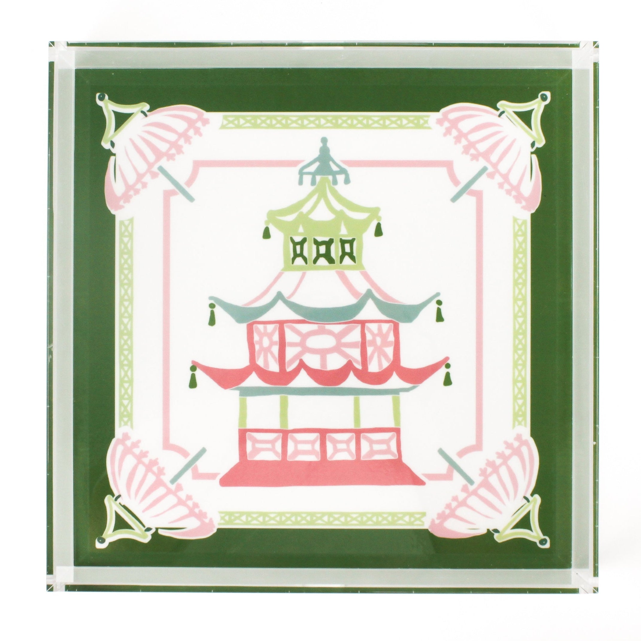 Parasols Pagoda square acrylic tray features a green border and central pagoda and parasols motif.