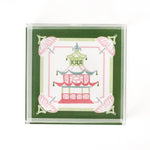Parasols Pagoda square acrylic tray features a green border and central pagoda and parasols motif.