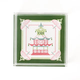 Parasols Pagoda square acrylic tray features a green border and central pagoda and parasols motif.