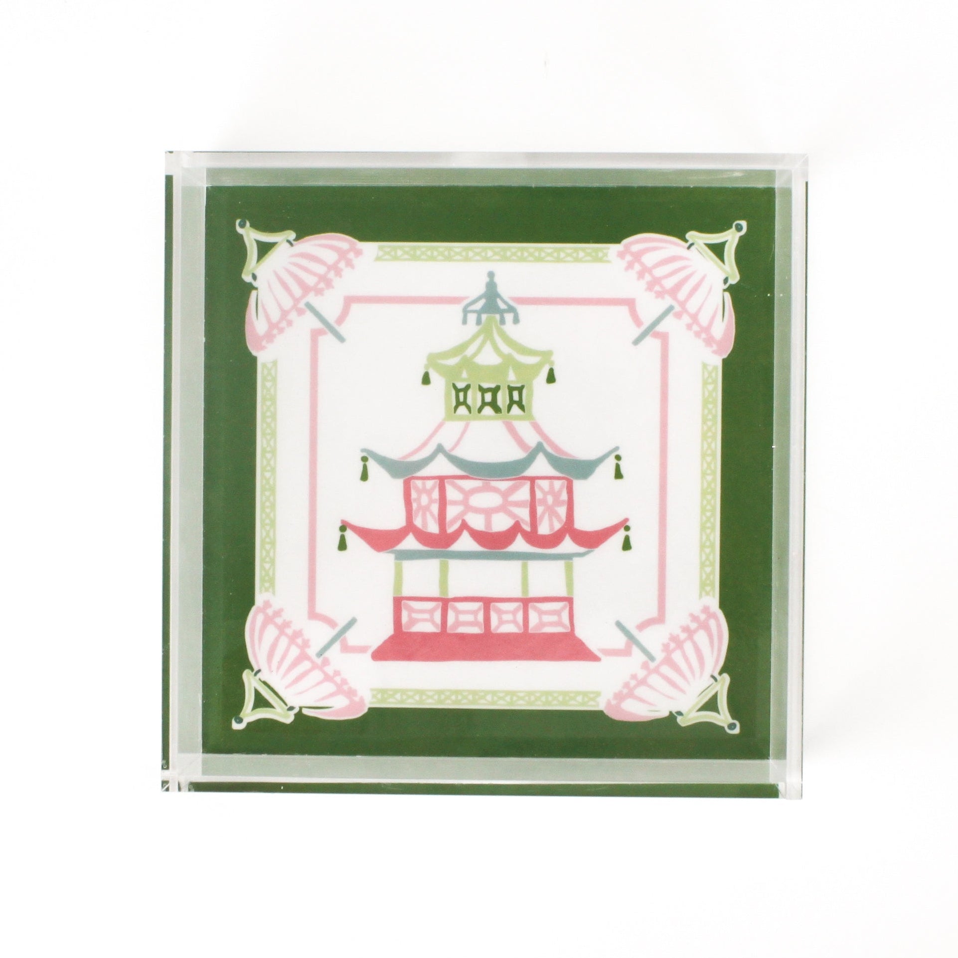 Parasols Pagoda square acrylic tray features a green border and central pagoda and parasols motif.