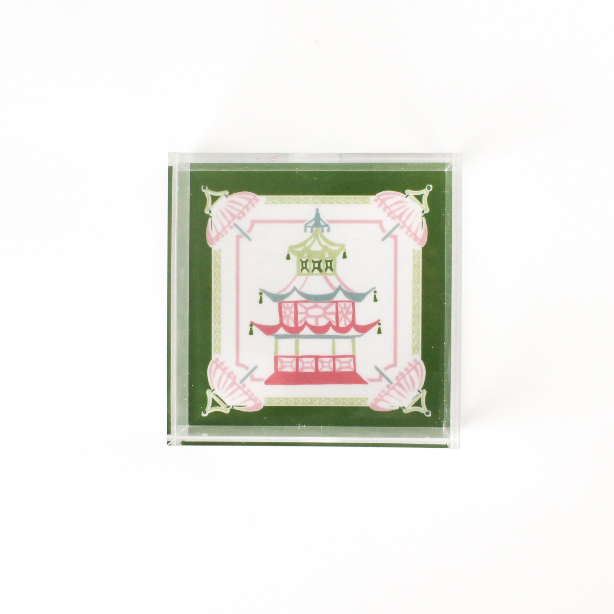 Parasols Pagoda square acrylic tray features a green border and central pagoda and parasols motif.