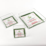 Parasols Pagoda square acrylic tray features a green border and central pagoda and parasols motif.