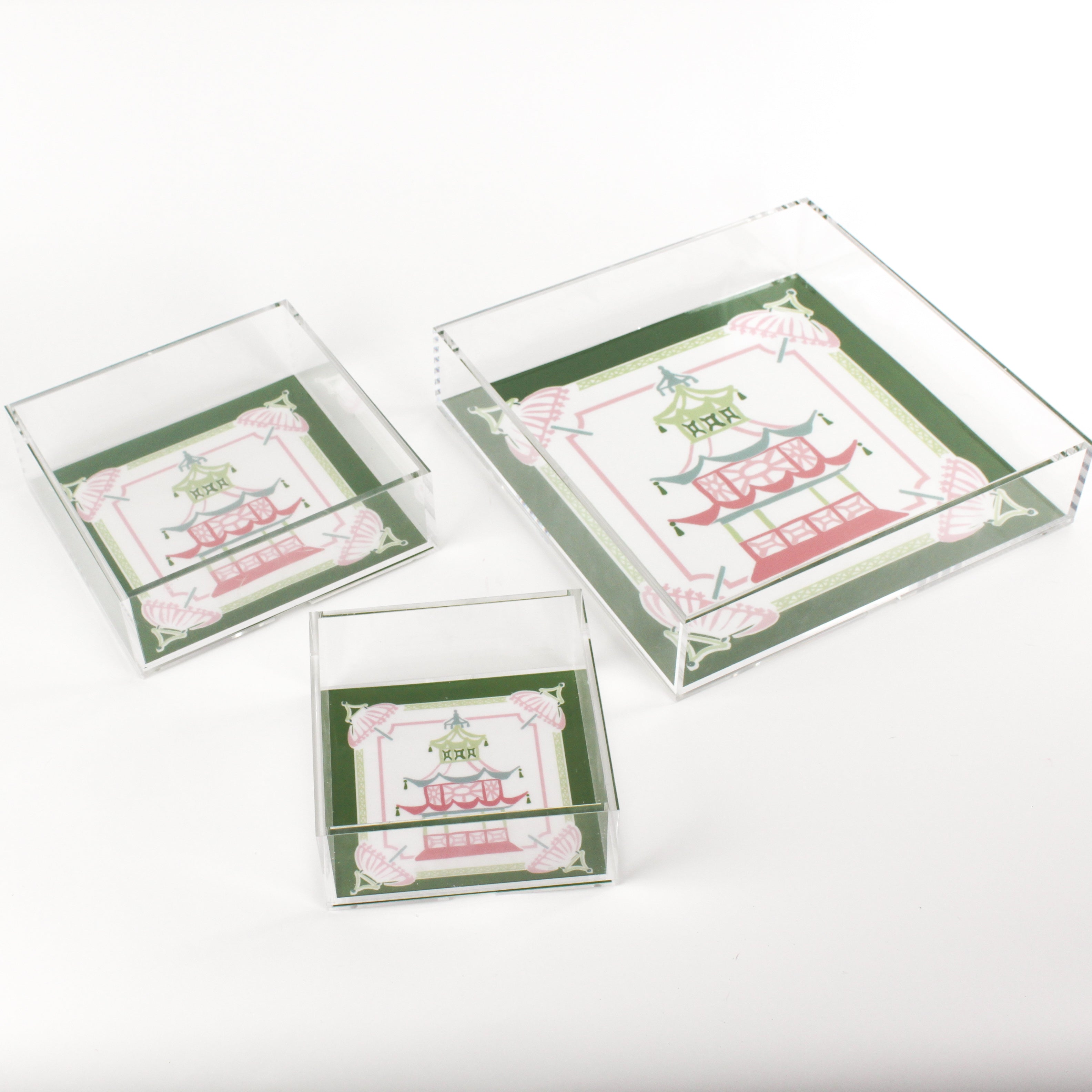 Parasols Pagoda square acrylic tray features a green border and central pagoda and parasols motif.