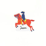 Patriotic horse shaped place card featuring a rider illustration and handwritten name on a white background.