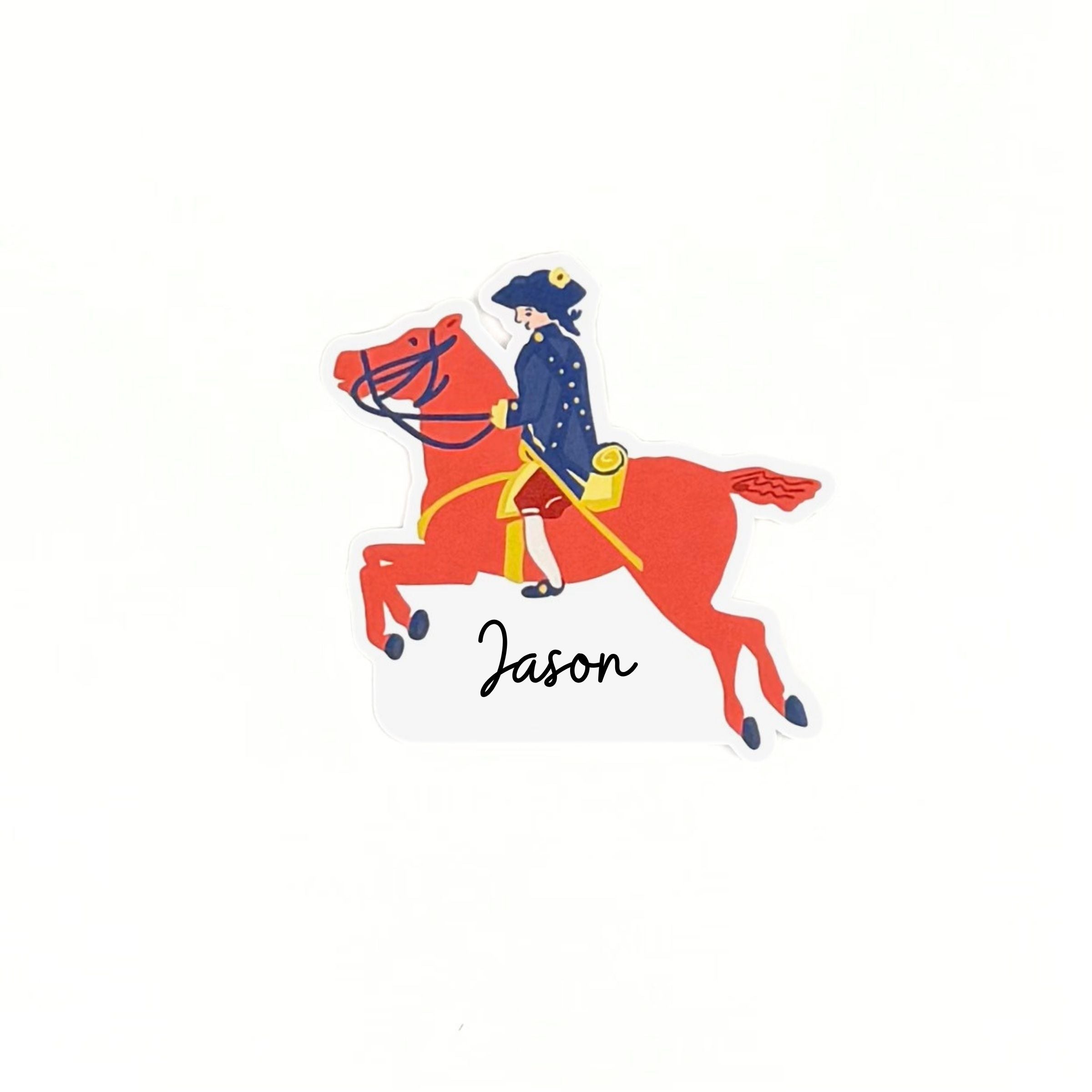 Patriotic horse shaped place card featuring a rider illustration and handwritten name on a white background.