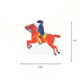 Horse shaped patriotic place card with rider illustration displayed with 5.25" by 5.5" dimensions on a white background.
