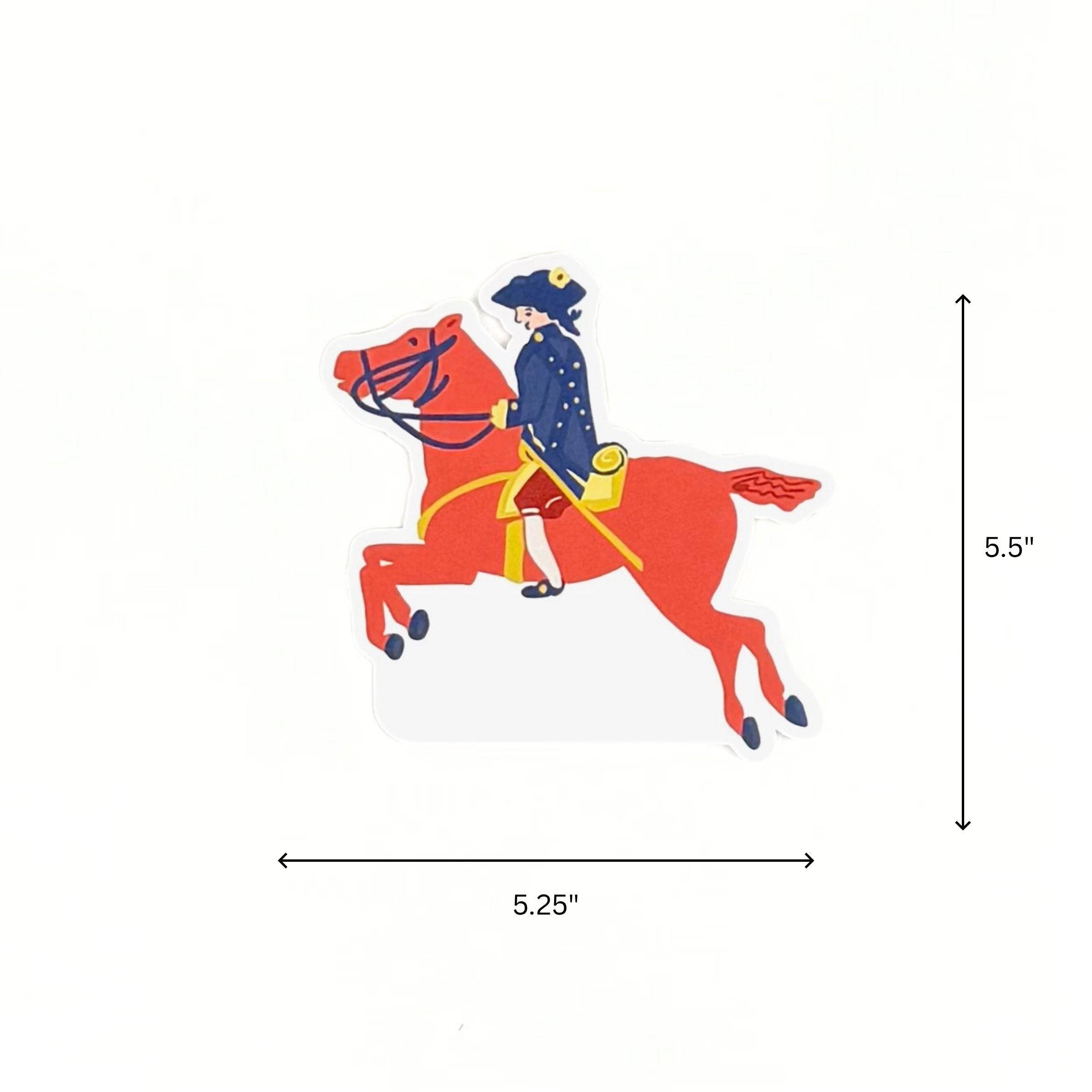 Horse shaped patriotic place card with rider illustration displayed with 5.25" by 5.5" dimensions on a white background.