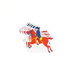 Stacked patriotic horse shaped place cards featuring rider illustrations on a white background.