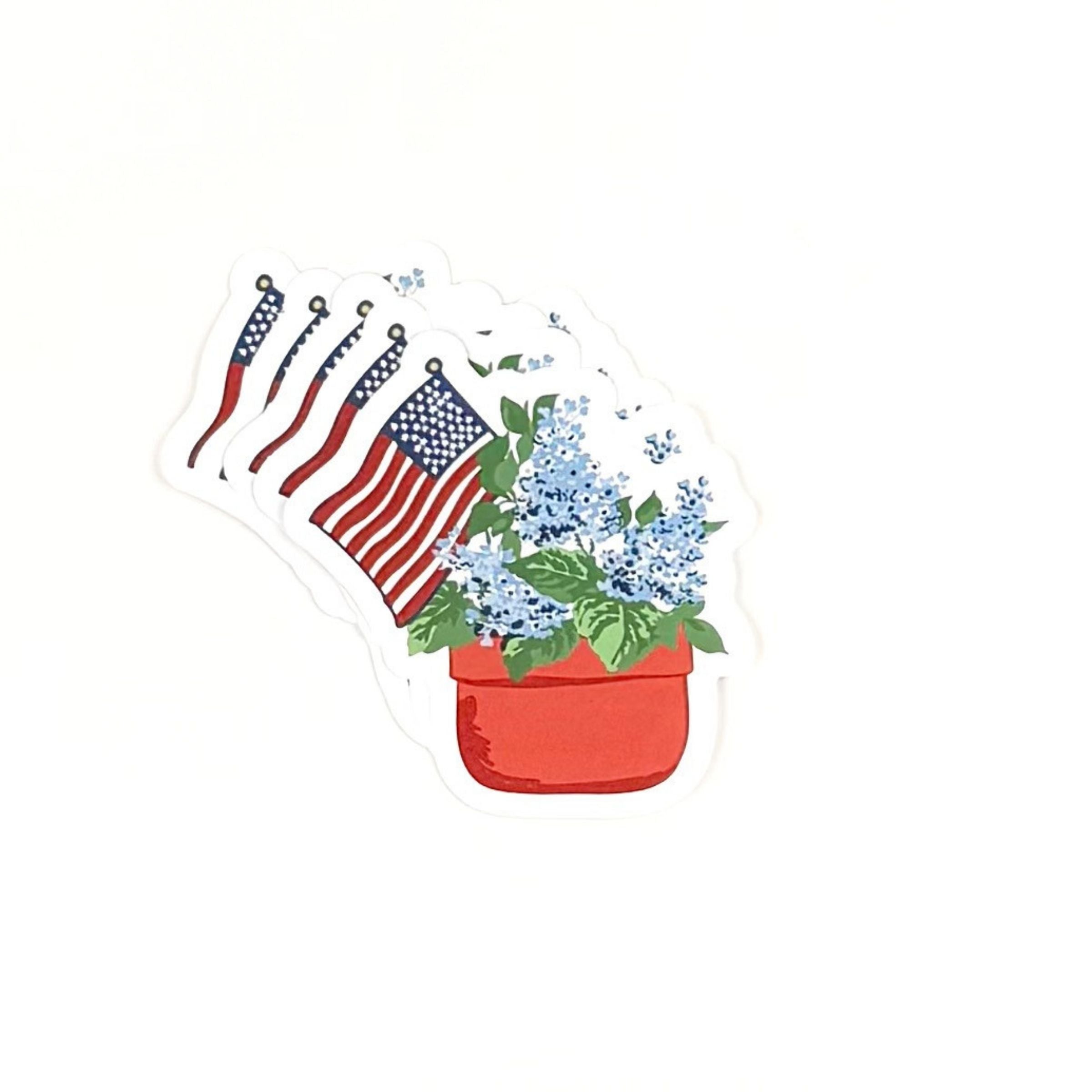 Stacked patriotic place cards featuring blue hydrangeas in a flower pot with American flags on a white background.