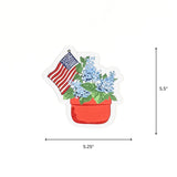 Patriotic hydrangea and American flag place card displayed with 5.25" by 5.5" dimensions on a white background.