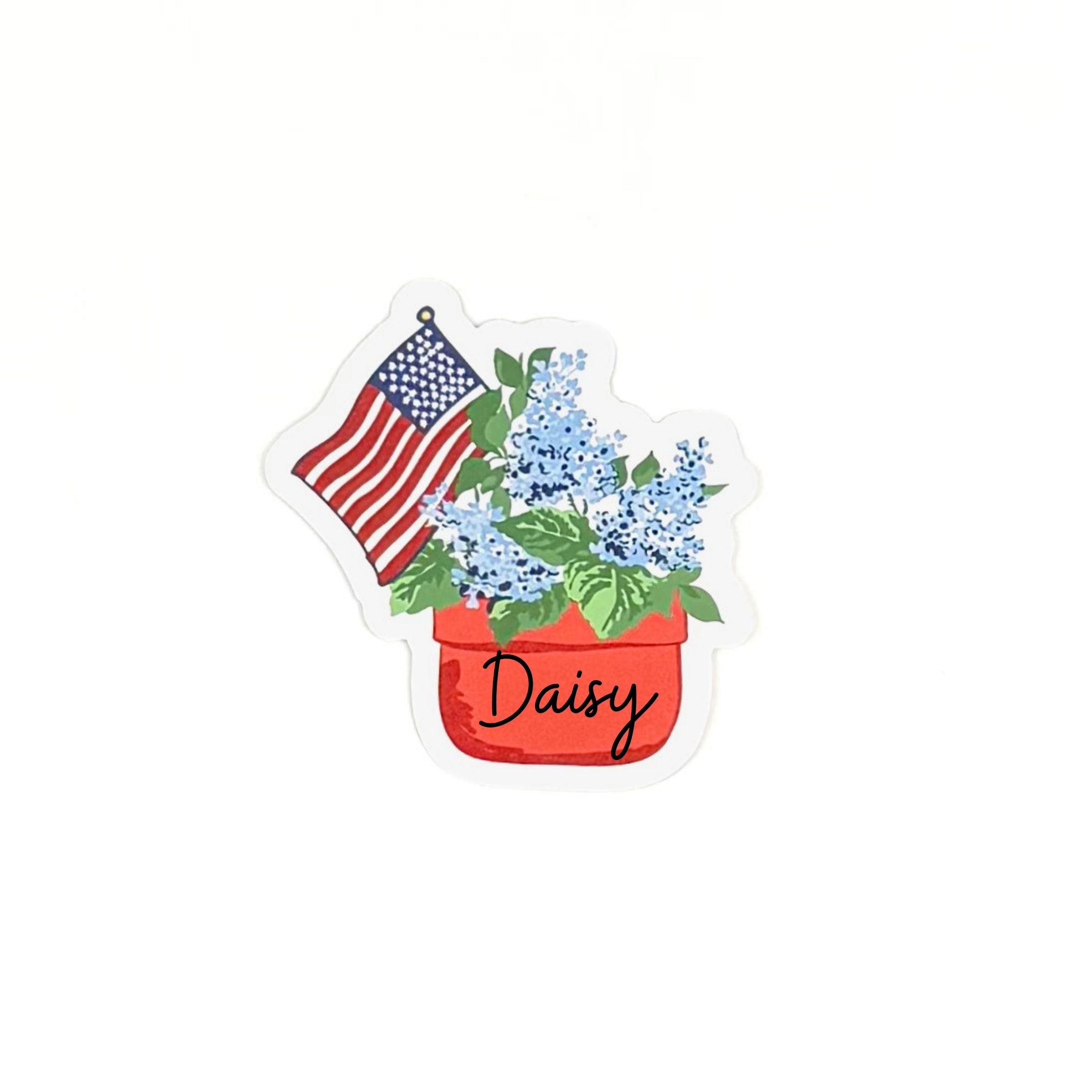 Patriotic place card featuring blue hydrangeas in a flower pot with an American flag and handwritten name on a white background.