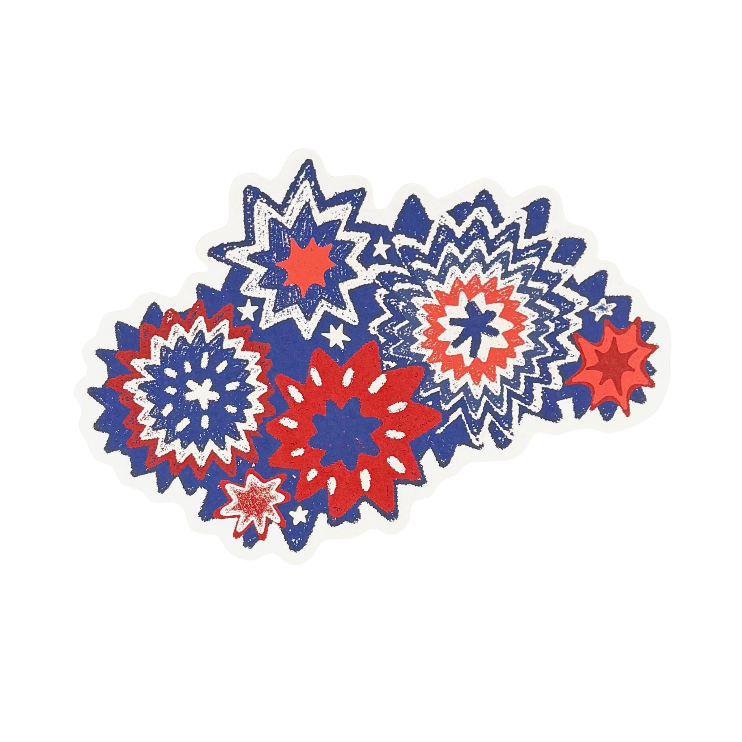 A patriotic paper placemat featuring layered red white and blue starburst designs on a white background.