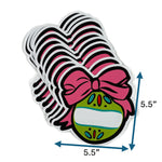 Stack of ornament-shaped placecards featuring a pink bow and black-and-white striped design, measuring approximately 5.5 inches by 5.5 inches, displayed on a white background.
