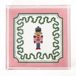 Nutcracker Square Acrylic Tray with in large size with pink and green border and Nutcracker in the center.