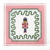 Nutcracker Square Acrylic Tray with in large size with pink and green border and Nutcracker in the center.