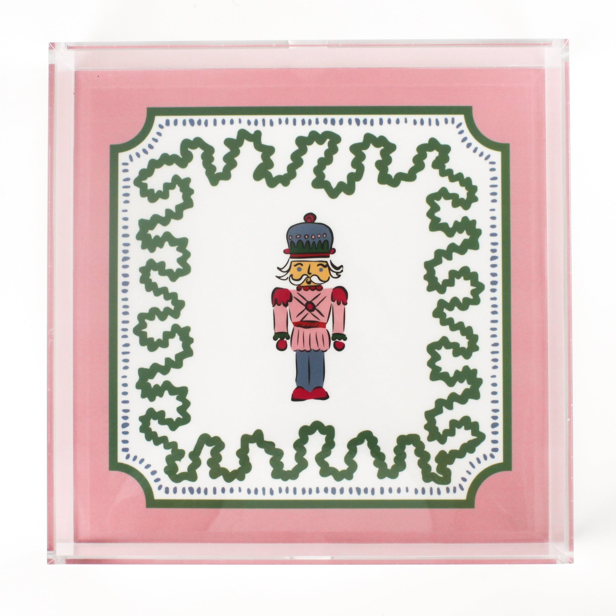 Nutcracker Square Acrylic Tray with in large size with pink and green border and Nutcracker in the center.