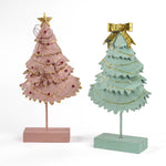Pink and Green Christmas Tree Table Decorations in white background