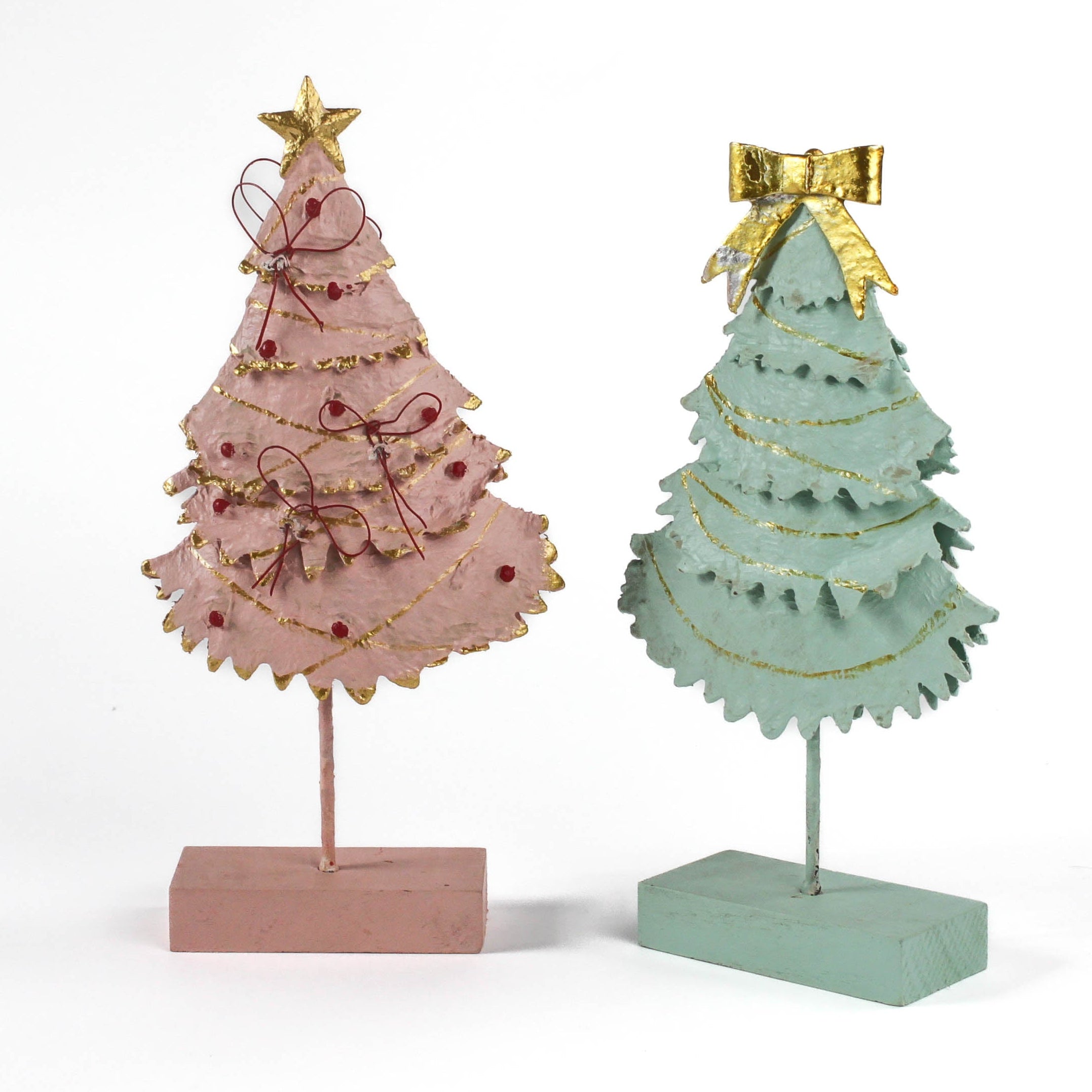 Pink and Green Christmas Tree Table Decorations in white background