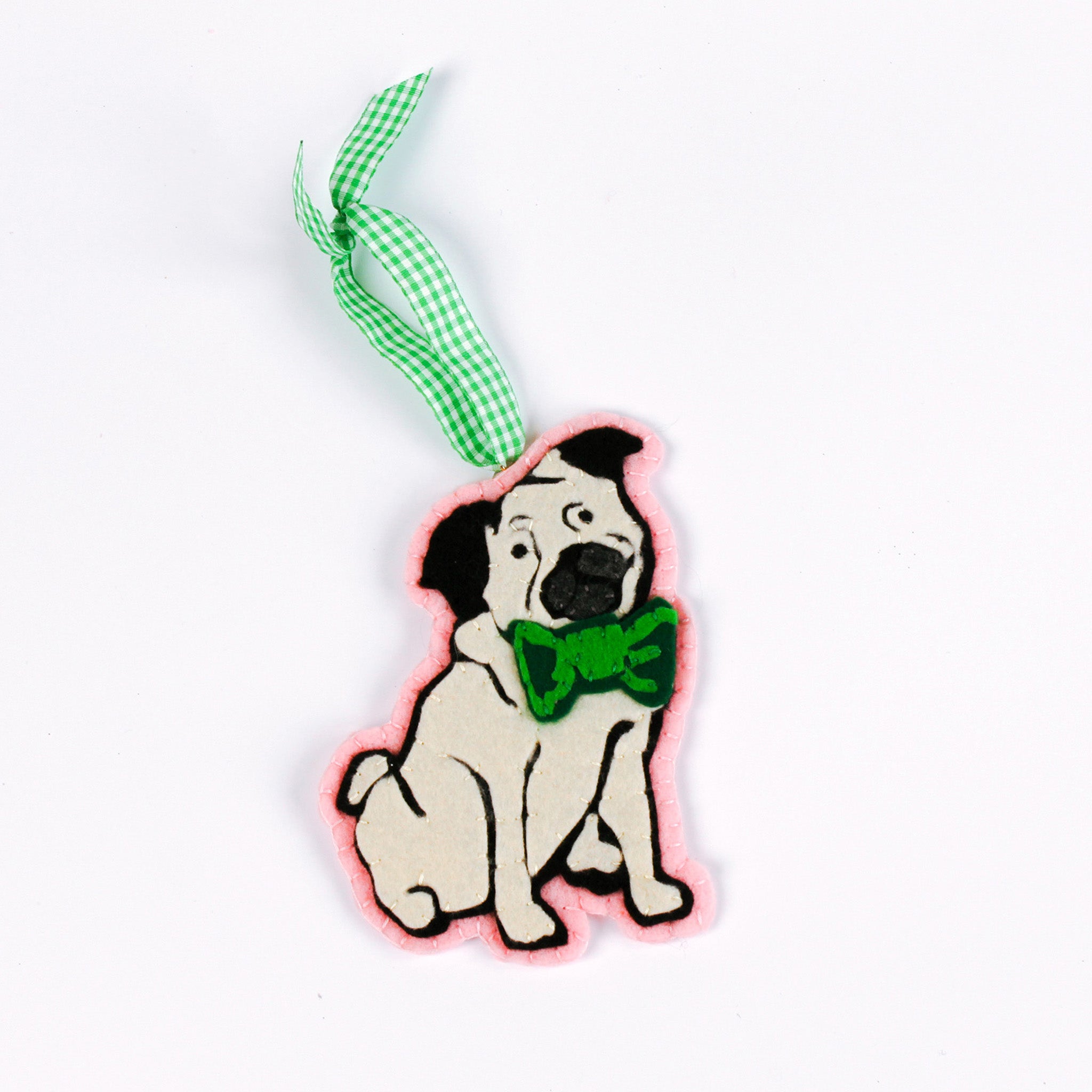 felt Christmas ornament featuring a cute pug with a bright green bow tie and green gingham ribbon