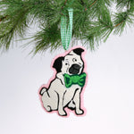 felt Christmas ornament featuring a cute pug with a bright green bow tie and green gingham ribbon