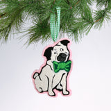 felt Christmas ornament featuring a cute pug with a bright green bow tie and green gingham ribbon