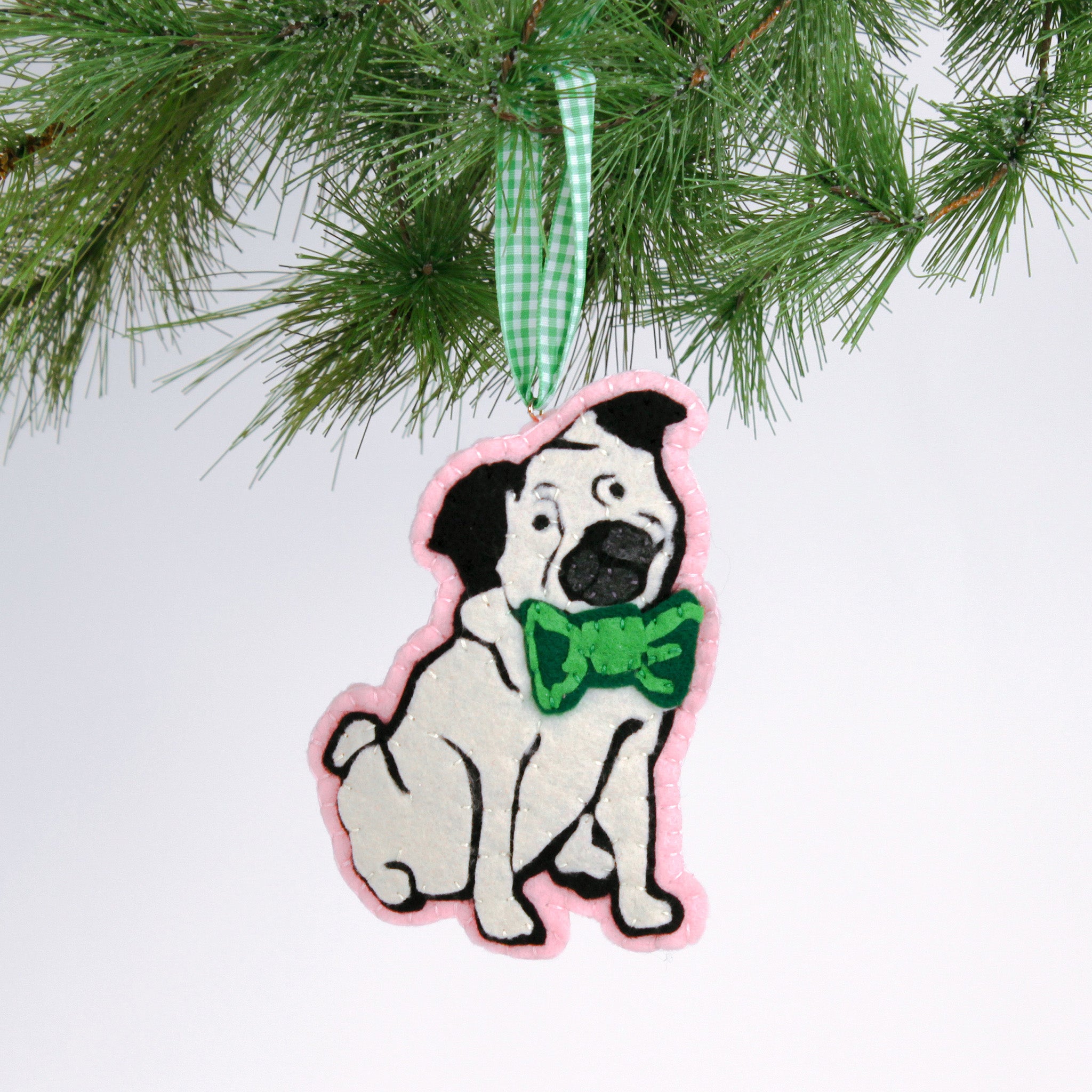 felt Christmas ornament featuring a cute pug with a bright green bow tie and green gingham ribbon